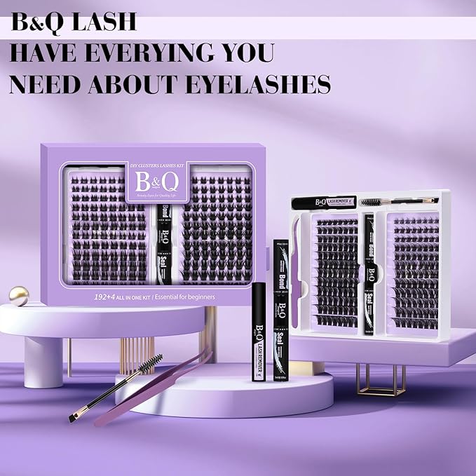 B&Q Lash Extension Kit 192 pcs Eyelash Extension Kit B19+B28 8-18mm Mixed Lash Clusters Kit Individual Lashes Kit Wispy with Lash Glue and Remover Applications Eyelash Kit (B19+B28, Kit)