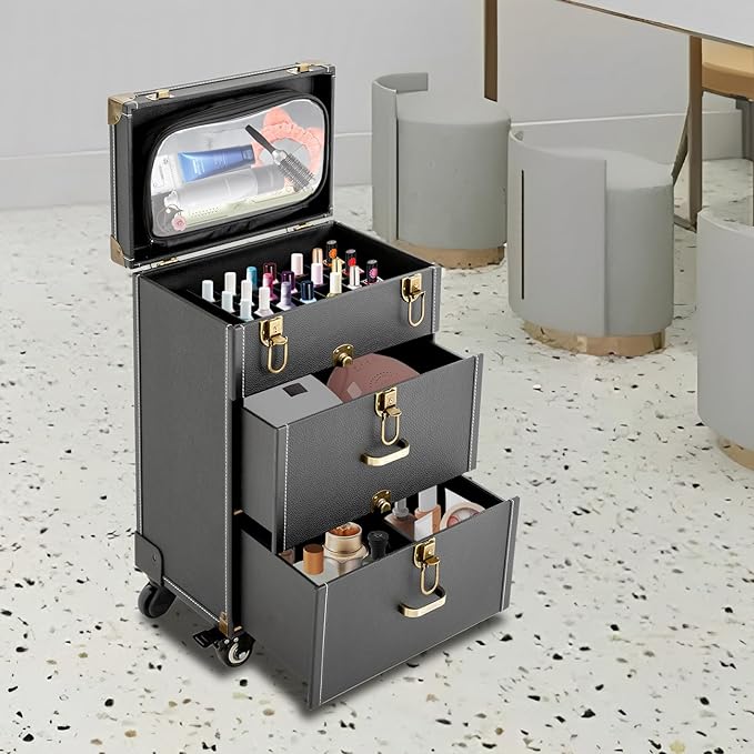 Makeup Train Case, Rolling Makeup Trolley Case, 3 Tiers Lockable Nail Polish Organizer with 2 Keys 4 Wheels (2 with Brakes) for Travel Makeup Artists Nail Technicians (Black Case, Tan Lock)