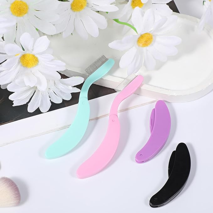 4Pcs Foldable Eyelash Comb, Stainless Steel Metal Teeth Lash Separator And Eyebrow Brush, Professional Makeup Tool For Clump Free Mascara And Brow Shaping Pink Black Purple Green