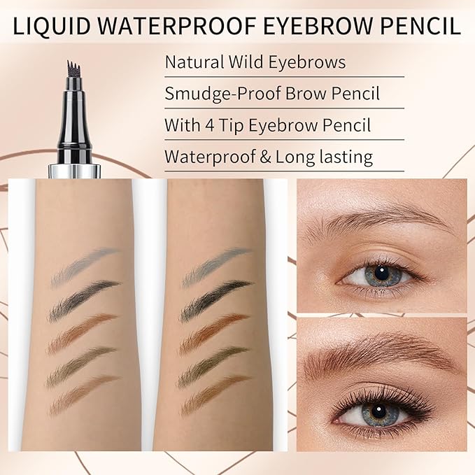 QIC Eyebrow 4 Tip Brow Pencil, Microblading Pen Waterproof Long-Lasting with Upgrade Micro-Fork Tip Applicator for Natural Brows (Reddish Brown-03)