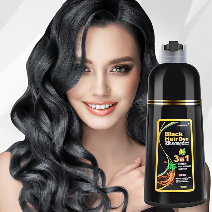 MEIDU Shampoo Shop Black Hair Dye Shampoo 3 in 1 for Gray Hair, Black Hair Dye for Women Men, Hair Color Herbal Ingredients Natural (500ml,16.9oz)