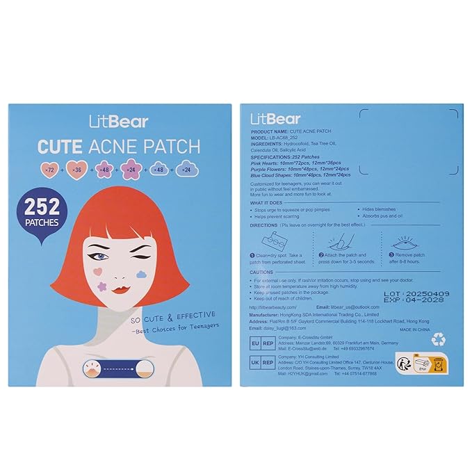 LitBear Acne Pimple Patch, 6 Sizes 252 Dots Cute Pimple Patches with Salicylic Acid, Tea Tree Oil & Calendula Oil, Hydrocolloid Acne Patches for Face, Colorful Zit Patch Blemish Sticker Acne Dots