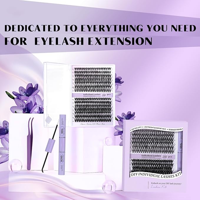 B&Qaugen DIY Lash Extension Kit 280pcs Individual Lashes Cluster 30+40D C Curl Eyelash Extension Kit with Bond and Seal and Applicator Tool for Self Application (Set,30D+40D-C-9-16MIX)