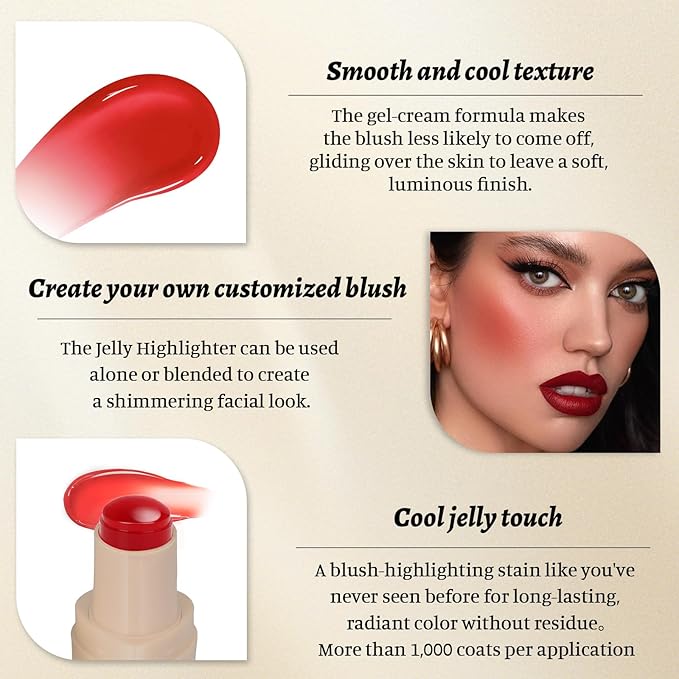 Jelly Lip Stain&Cheek Tint,Sheer Blush with Vegan Collagen+Aloe,4 Colors Fun Bouncy Jelly Lip Gloss for Girls,Moisturizing,Long-Lasting,Cute Stuff