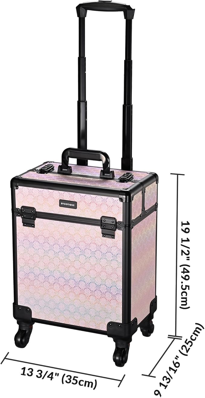 BYOOTIQUE Barber Case False Eyelash Storage Rolling Makeup Cart on Wheels Hairdressing Brush Bags Barber Suitcase for Wedding Beautician Manicurist Hairstylist,Blush ForgetMeNot