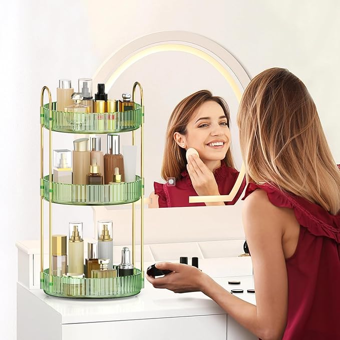 MOKANI 360 Rotating Makeup Organizer for Vanity, 3 Tier Adjustable Perfume Organizer for Dresser, Multi-Function Spinning Cosmetics Skincare Storage for Bedroom, Dresser, Countertop, Green