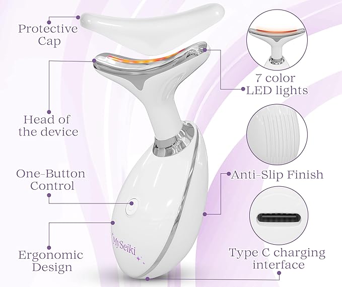 7 LED Light Beauty Tool – Face and Neck Massager with Jade Roller, Case, and Cloth (White)