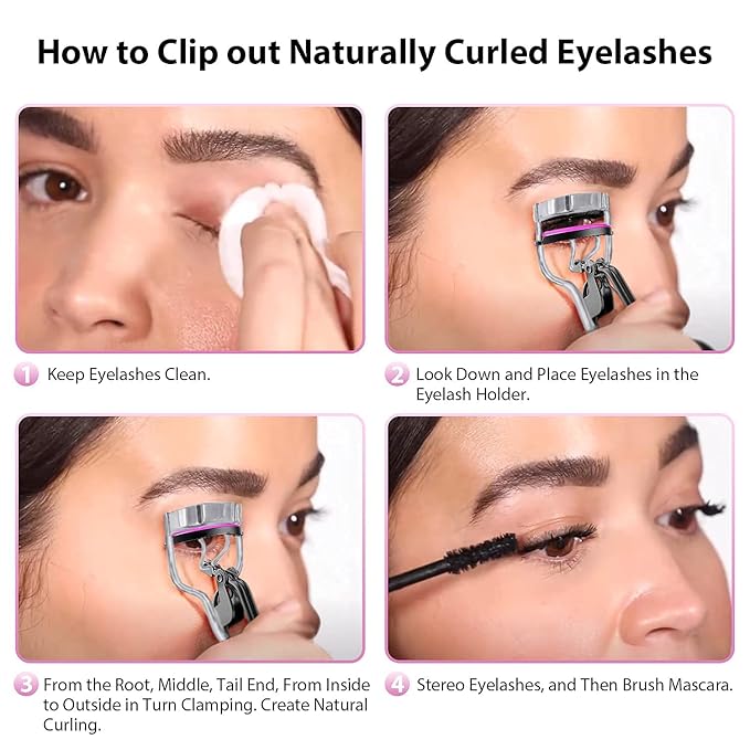 Stainless Steel Eyelash Curler with Built-in Comb Pinch Pain-Free Lash Curler with Brush Suitable for Any Eye Shapes and Sizes and with 5 Silicone Refill Pads (Black)