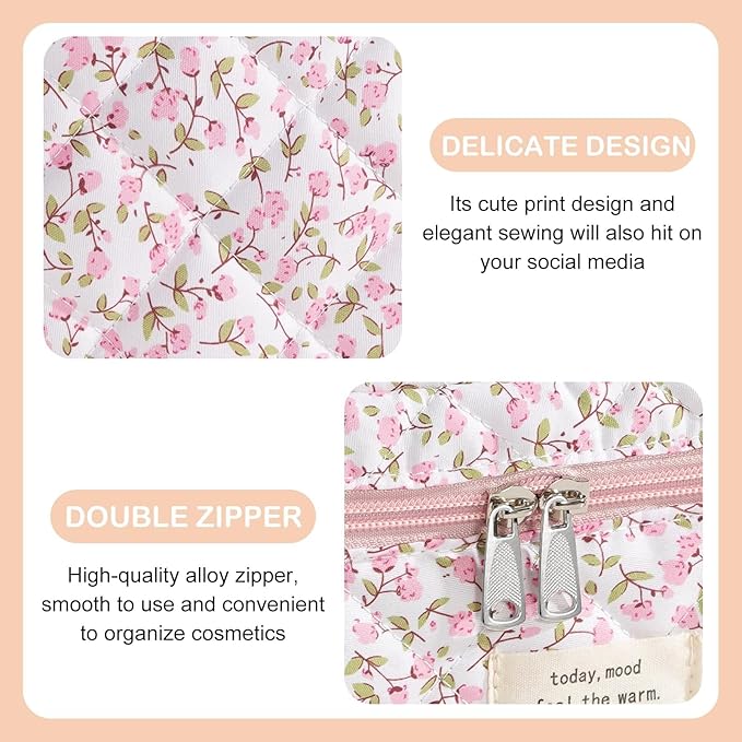 Makeup Bag for Women 3PCS Quilted Cotton Make Up Bag Travel Cosmetic Bag Large Makeup Bag Set Cute Makeups Organizer Floral Toiletry Pouch for Purse, Pink Floral D