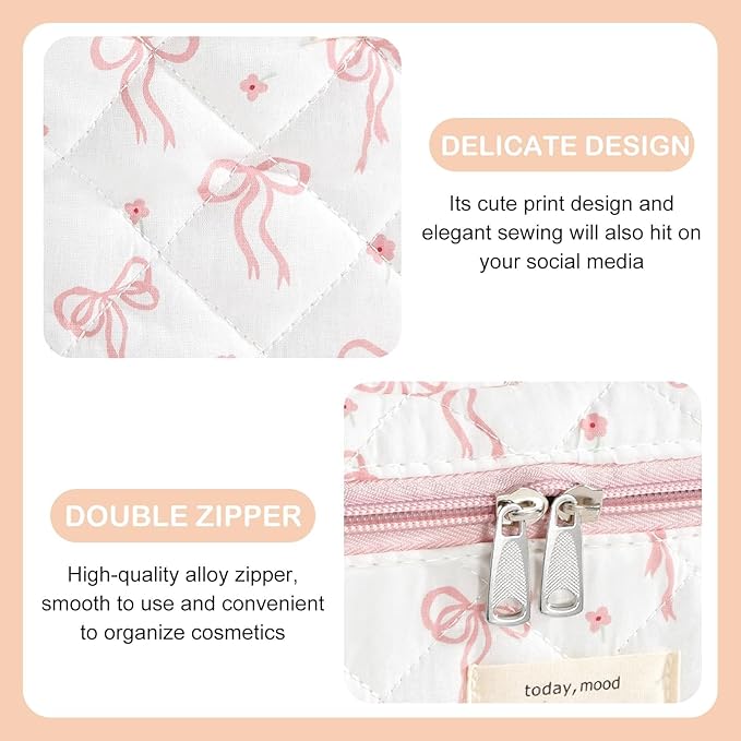 Makeup Bag for Women 3PCS Quilted Cotton Make Up Bag Travel Cosmetic Bag Large Makeup Bag Set Cute Bow Organizer Floral Toiletry Pouch for Purse, Bow B