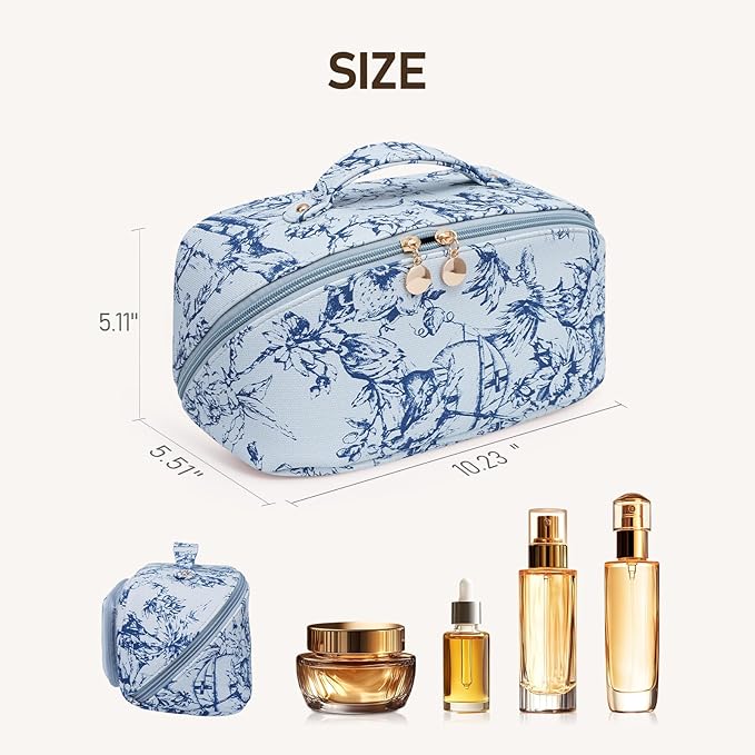 Large Capacity Cosmetic Bag for Women, Waterproof PU Leather Makeup Bag for Travel,Toiletry Bag Make up Organizer with Divider and Handle (Blue)