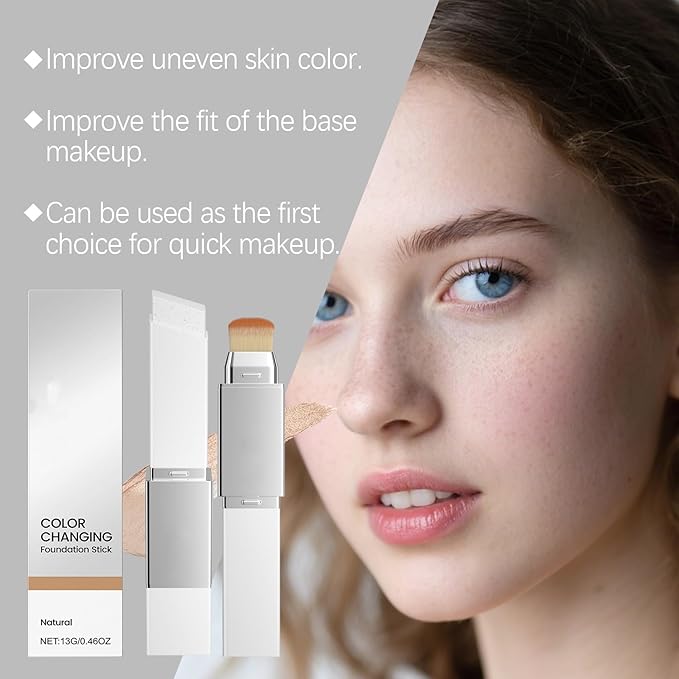 Color Changing Foundation Stick, Medium to Full Coverage Cream Stick Hydrating Makeup, Dual-Ended with Soft Brush for Flawless Look, Portable & Travel-Friendly (Natural)