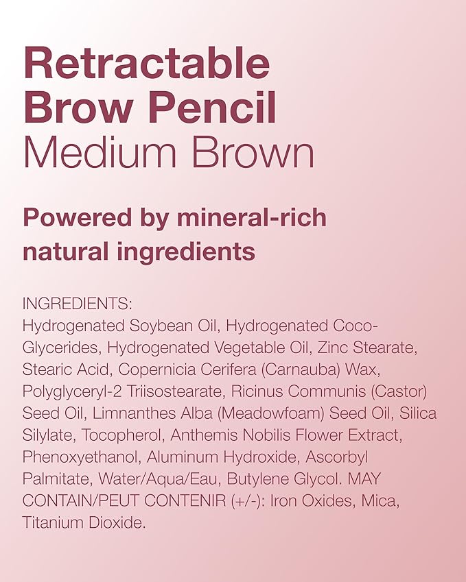 Mineral Fusion Retractable Brow Pencil (Medium Brown) - TZR 2025 Beauty Heroes Award Winner - Shape & Define Eyebrow with Blending Spoolie Brush - Velvety Smooth, Long-Lasting Color - Vegan Formula