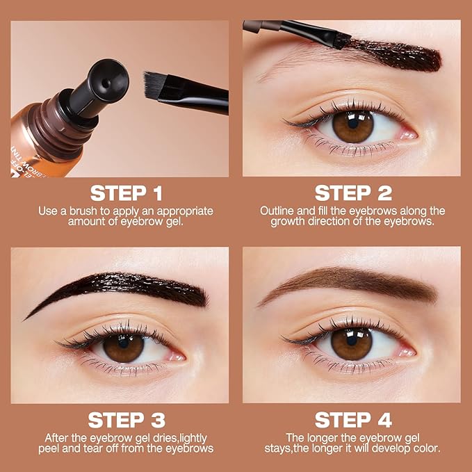 3D Peel-Off Eyebrow Tint – Tattoo Brow Gel Lasts Up to 3 Days – Waterproof, Smudge-Proof, Long-Lasting Natural Brow Stain – Easy to Use, Flake-Free Gel Dye for Fuller Brows (2# Nude Brown)