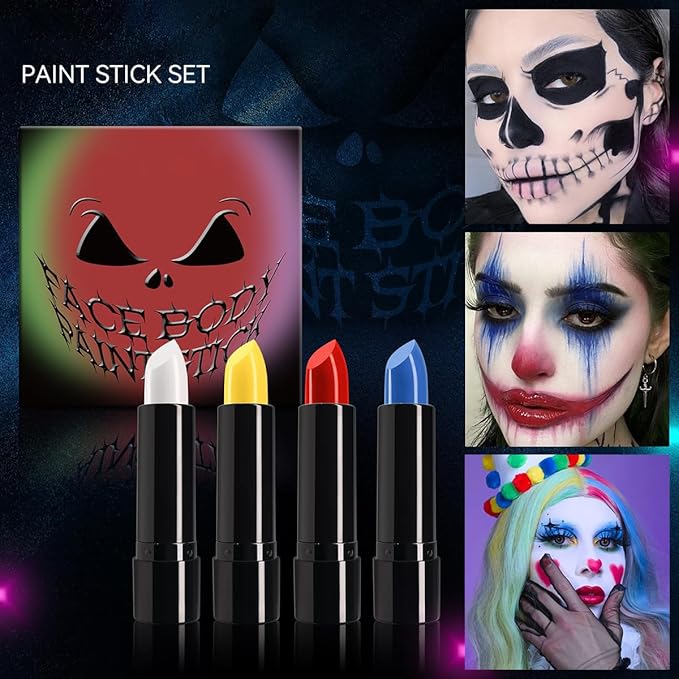 4 Colors Halloween Face Body Paint Matte Lipstick High Impact Lipcolor with Moisturizing Creamy Formula Long Lasting Waterproof Velvet Lip Stick for Sports Halloween Party Clown (Set A)