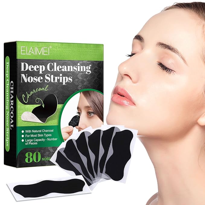 ELAIMEI Pore Strips, 80 Pcs, Natural Charcoal Blackhead Remover Strips for All Skin Types, Pore Deep Cleansing & Minimizing Nose Strips, Instant Unclogging