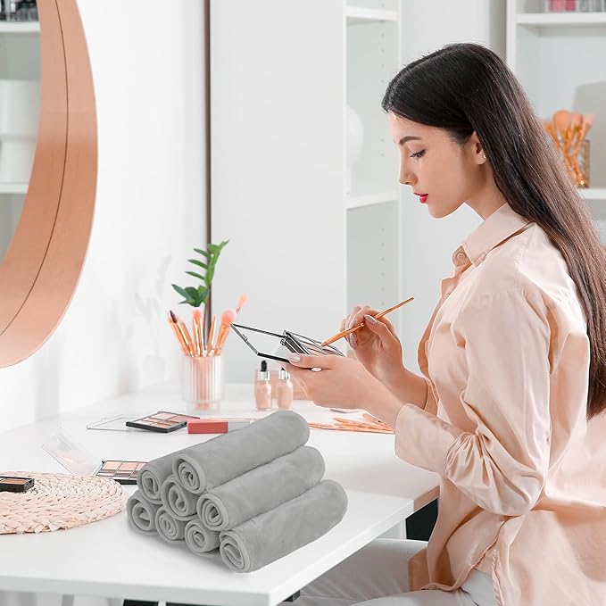 Nugilla Reusable Face Wash Cloths, 8 Pack Soft Microfiber Makeup Remover Towels for Women (Light Grey)