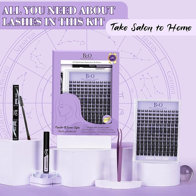 B&Q Wispy Lash Clusters Kit B52, DIY Lash Extension Kit 156PCS Eyelash Extension Kit, Soft Natural Lash Clusters 8-18MIX D Curl Lash cluster, Thin Black Band Cluster Eyelash Extensions (B52 Set)