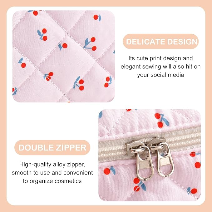 Makeup Bag for Women 3PCS Quilted Cotton Make Up Bag Travel Cosmetic Bag Large Makeup Bag Set Cute Makeups Organizer Floral Toiletry Pouch for Purse, Mini Cherry