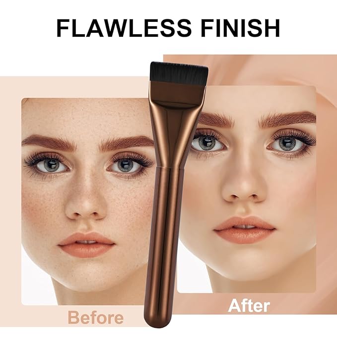 Flat Foundation Brush for Liquid Makeup,14CM Premium Fast Flawless Flat Top Kabuki Makeup Brushes Face Cosmetics Concealer Brush for Liquid, Blending, Powder, Cream, Powder, Blush, Buffing Brown