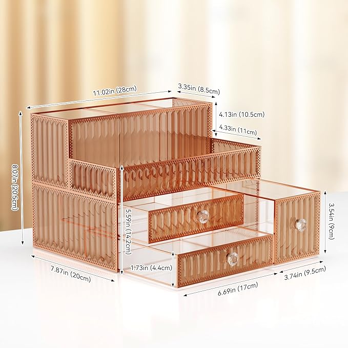 Makeup Organizer Golden- Tempered Glass Vanity Organizer for Cosmetics, Skincare, Hair Tools, Brushes, Perfume - Multipurpose Bathroom Counter Skincare Organizer