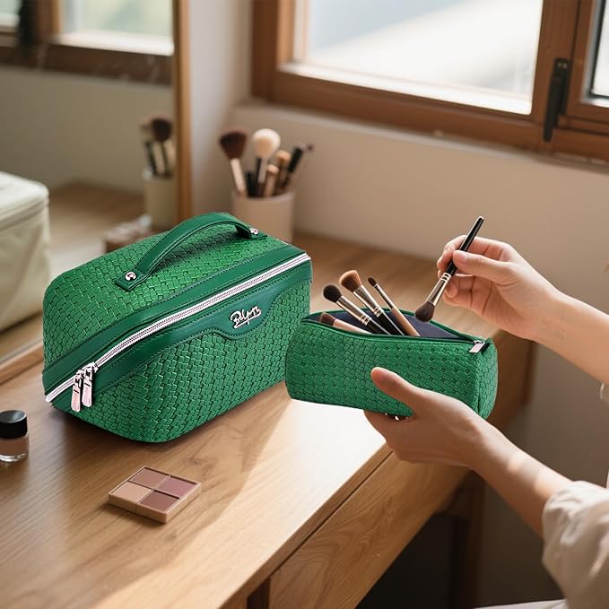 BOYATU Travel Makeup Bag Cosmetic Bags for Women: Large Capacity 3 Pcs Set Make up Bag with Compartments - Waterproof Vegan Leather Toiletry Organizer Bags with Handle (L12 Green)
