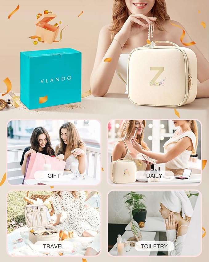 Vlando Graduation Gift Ideas,PU Leather Large Capacity Letter Z Makeup Cosmetic Bag,Monogrammed Birthday Gift for Mom Sister Grandma Teen