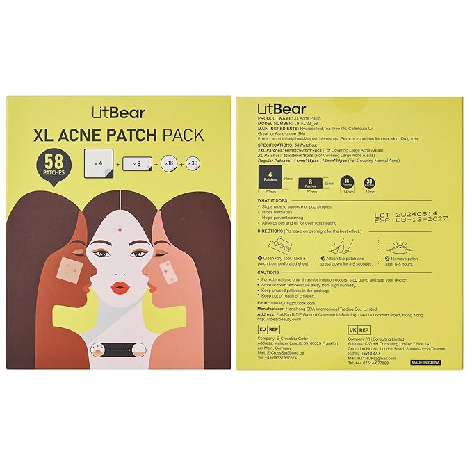 LitBear Acne Patches for Large Breakouts, Hydrocolloid Pimple Patches for Zit and Blemish, Face, Chin, Back and Body With Tea Tree Oil