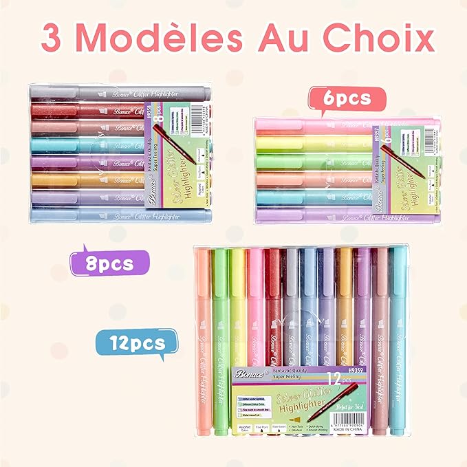 Silver Glitter Highlighters- Chisel Tip, No Bleed, Assorted Colors - 12 Pack Metallic Colors Cute Highlighter Markers, Pastel Bible Highlighters for Journaling and School Supplies for Girls