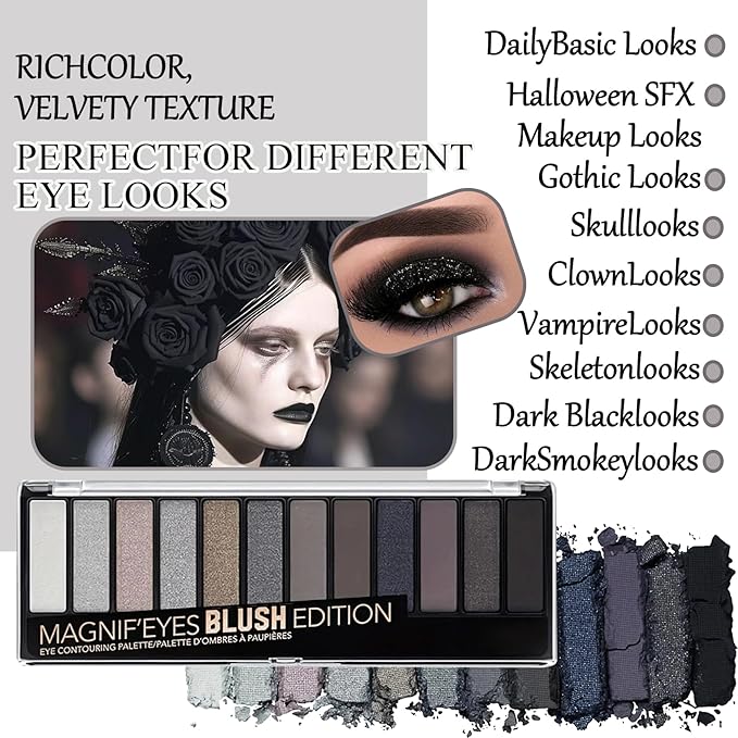 Black Grey Smoky Eyeshadow Palette,15 Colors Matte Shimmer Pigmented Eye Shadow Makeup Palette Set with 3 Eyeshadow Brushes,Glitter Eyeshadow Makeup Palette for Daily Halloween Goth Makeup(G)