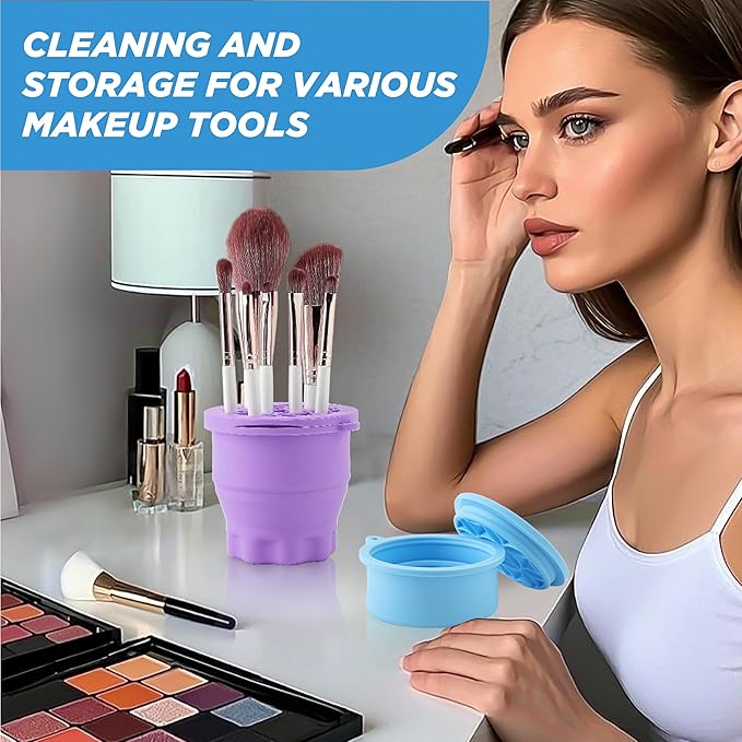 Makeup Brush Cleaner - Foldable Silicone Makeup Brush Cleaner Mat with Brush Storage Holder Makeup Brush Cleaning Bowl Cosmetic Brush Washing Tool for Cleaning Organizer and Drying (Purple and Blue)