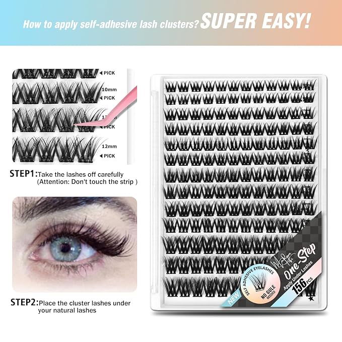 156 PCS Self-Adhesive Lash Clusters – No Glue Needed, Sticky Strip Individual Lashes for DIY Lash Extensions, Natural Look, Super Hold