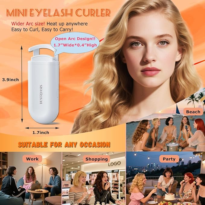 Heated Eyelash Curler - Wide Open Dual-Arc Design Heated Lash Curler - Electric Eyelash Curler - Type-C Rechargeable Mini Lash Curler Natural Curling 24H Long Lasting for Women - White