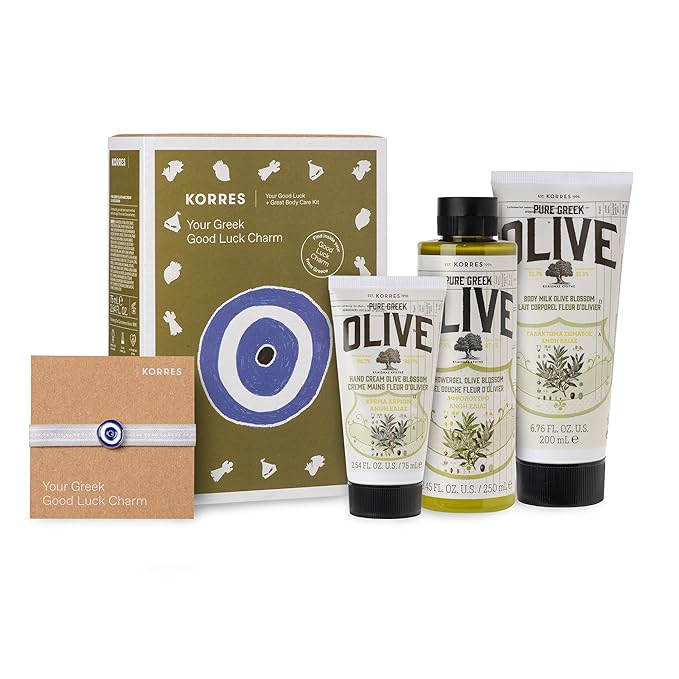 KORRES Body Care Collection, Pure Greek Olive Oil Shower Gel, Body Lotion and Hand Cream Moisturizer for Dry Skin, Moisturizing and Hydrating for Smooth, Supple Skin, Olive Blossom, 3 Piece Gift Set