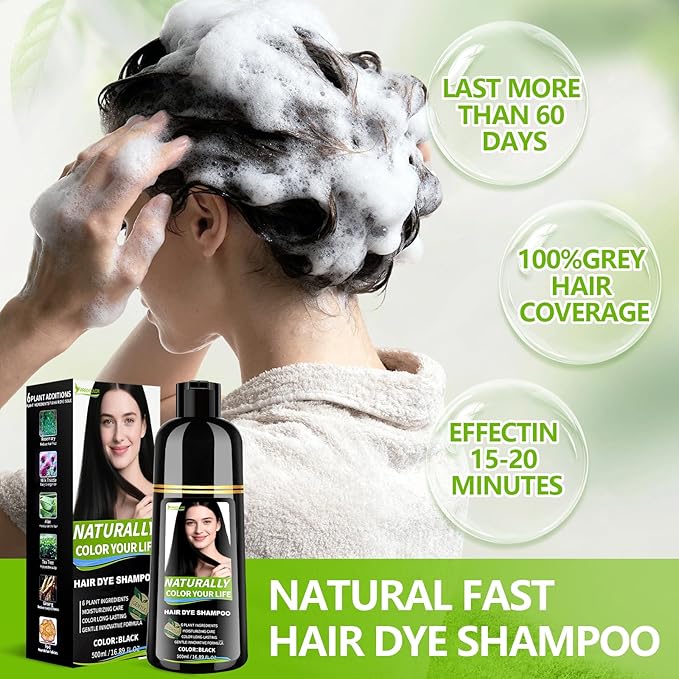 Black Hair Dye Shampoo for Women & Men, 3 in 1 Semi-Permanent Color with Gray Coverage & Herbal Natural Formula