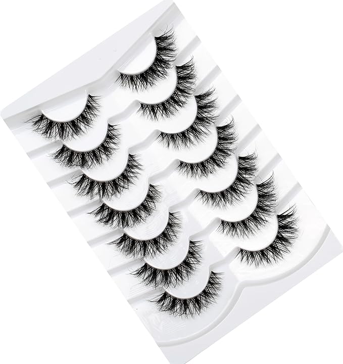 Pooplunch False Eyelashes Cat Eye Wispy Lashes Natural Short 8D Faux Mink Lashes Fake Eyelashes Strips 7 Pairs Pack