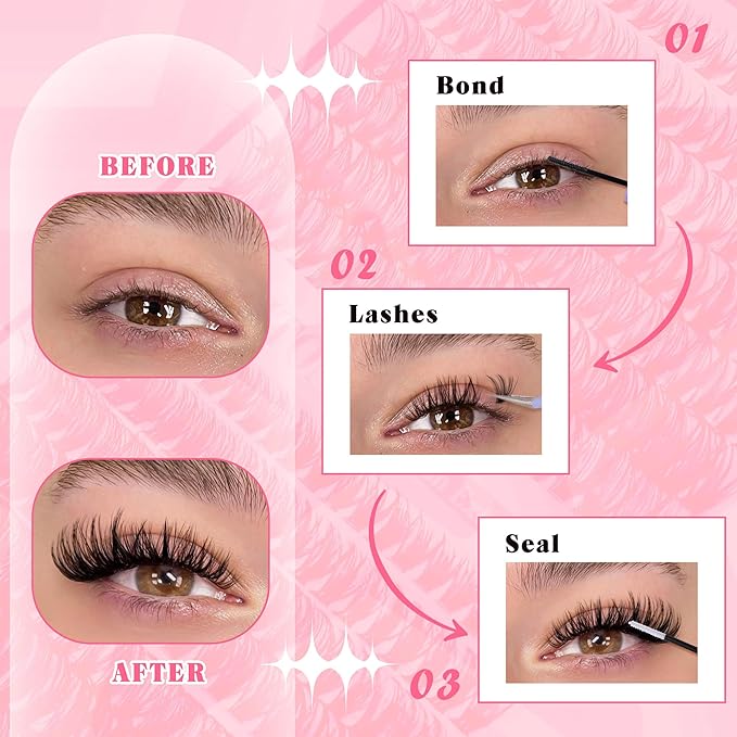 DIY Lash Extension Kit Cluster Lashes 280 pcs Lash Clusters with Lash Brush D Curl Volume Eyelashes Extensions 9-16 mm 40D+50D Individual Lashes Thin Band Eyelashes Cluster Kit for Beginners (No Glue)