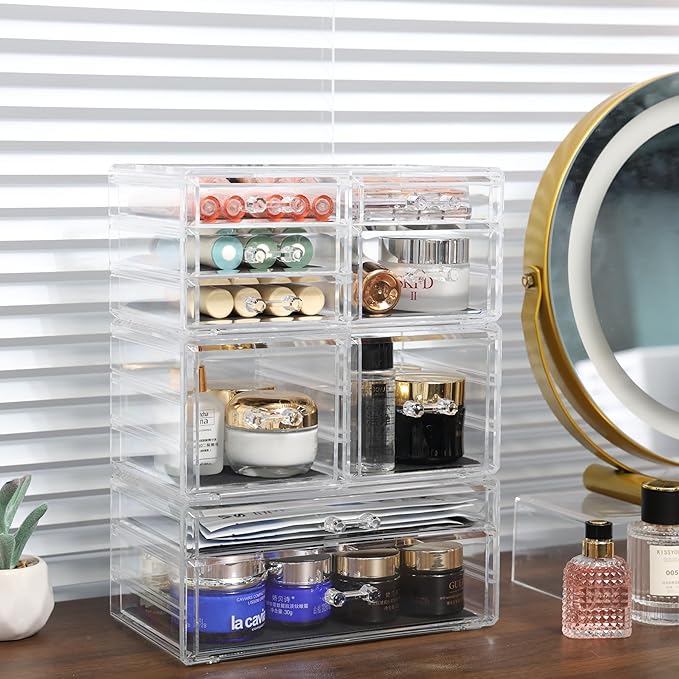 Cq acrylic Clear Stackable Storage Drawers,Plastic Makeup Organizer and Bathroom Storage Bins WIth 9 Drawers For Make up,Medicine,Craft,Pen,Beauty and Office Supply Organizer