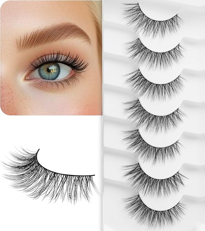 Eyelashes Cat Eye Lashes 15MM False Eyelashes Natural Look C Curl Lash Strips with 0.1MM Thin Band Volume Fake Lashes Pack ChirpyLuna Fluffy Eyelash, 7 Pair