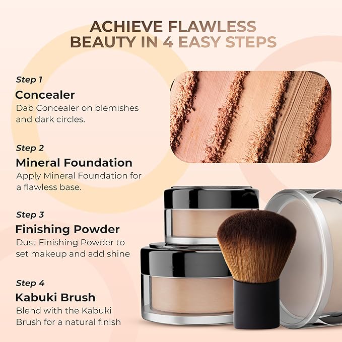 4pc Full Size Kit (Light) Mineral Makeup Matte Translucent Loose Foundation + Kabuki Brush + Concealer + Finishing Setting Powder + Bare Face Full Coverage SPF 30 All Skin Types Waterproof