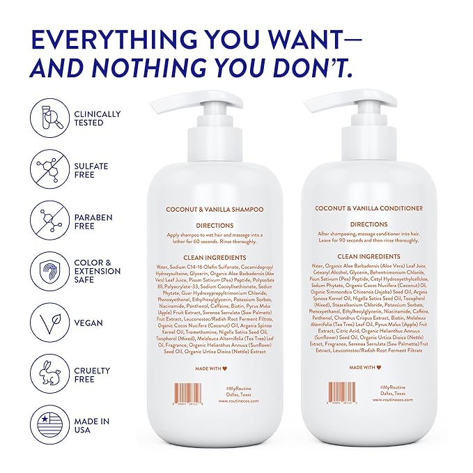 Routine Wellness Bundle - Shampoo and Conditioner Set for Thinning Hair, Two Serums for Scalp Health, Hair Growth Supplement & Hair Mask - Coconut & Vanilla