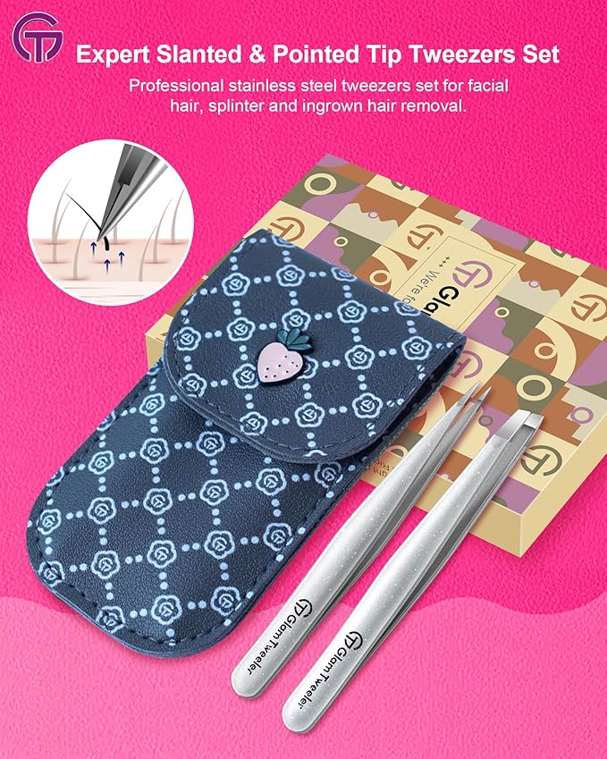 Expert Slant and Point Tip Tweezer Set with Exclusive Storage & Carrying Case, GlamTweeler Sharp & Precision Tweezer Set for Eyebrows, Facial Hairs and Fine Hairs Removal (Sparkle Silver)