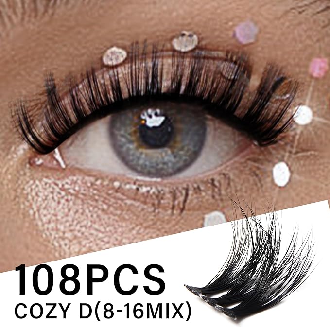 Lash Clusters 0.05mm Individual Lashes, 3D Wispy Lashes Clusters, 0.1mm Super Thin Band Resuable Natural Lashes,C Curl Faux Mink Lashes,108pcs Lash Extension (Green Cozy-C-0.05-8-16mix)