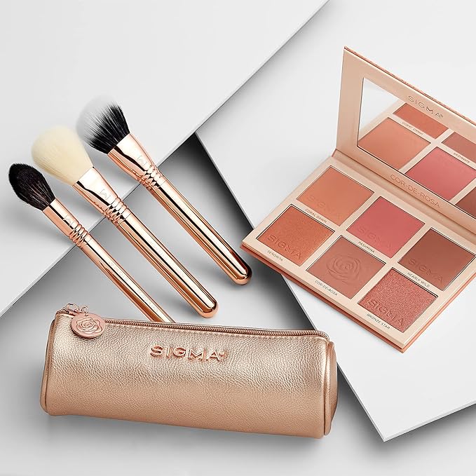 Sigma Beauty Bloom + Glow Makeup Brush Set - 3 Brushes for Blush, Contour, & Highlighter - Premium Makeup Brushes with Rose Gold Bag - Hypoallergenic, Vegan & Cruelty-Free