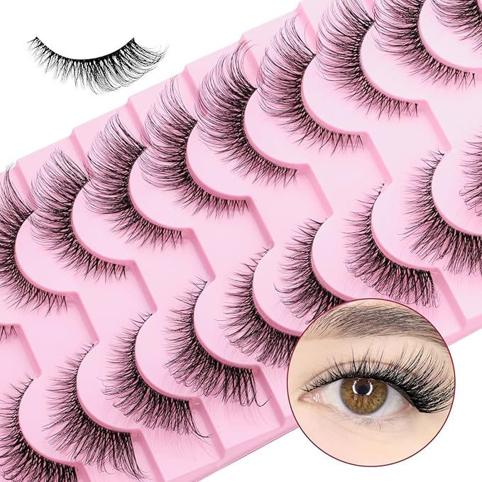FADVAN 10 Pairs Natural Cat Eye Lashes Wispy False Eyelashes Thin Cotton Band Soft Mink Lashes Natural Flared Eyelashes