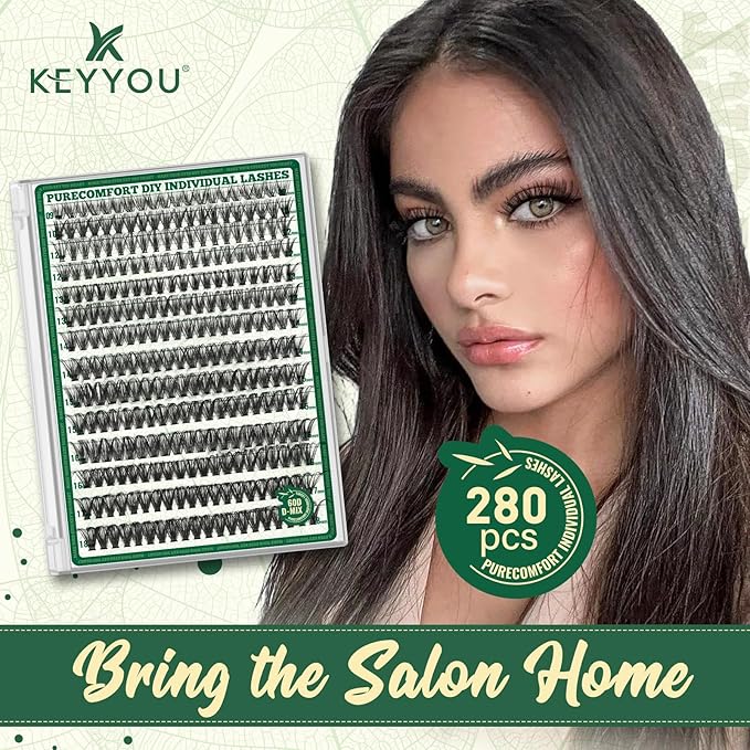 Lash Clusters 280Pcs Eyelash Clusters KEYYOU 60D D Curl 9-18MIX Clusters Lashes Thick Super Soft Wispy DIY Eyelash Extension at Home(60D-D,9-18MIX)