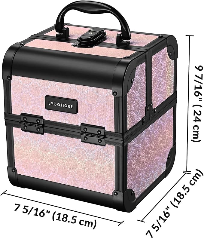 BYOOTIQUE Makeup Train Case with Mirror Small Travel Cosmetic Bag Cosmetology 2-Tier Trays Jewelry Organizer with Lock for Nail Tech Artist Beauty Salon Barbershop,Blush ForgetMeNot