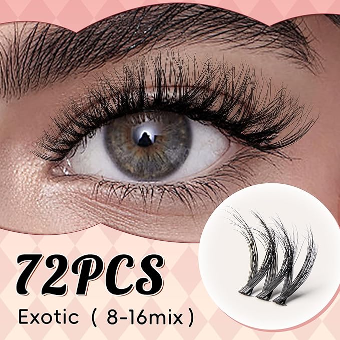Lash Clusters 0.05mm PBT Fiber Eyelash Clusters, 0.1mm Superfine Invisiband D Curl Diy Lash Extension, 72pcs 8-16mm Individual Lashes Clusters Like Eyelash Extensions (Exotic-D-8-16Mix)