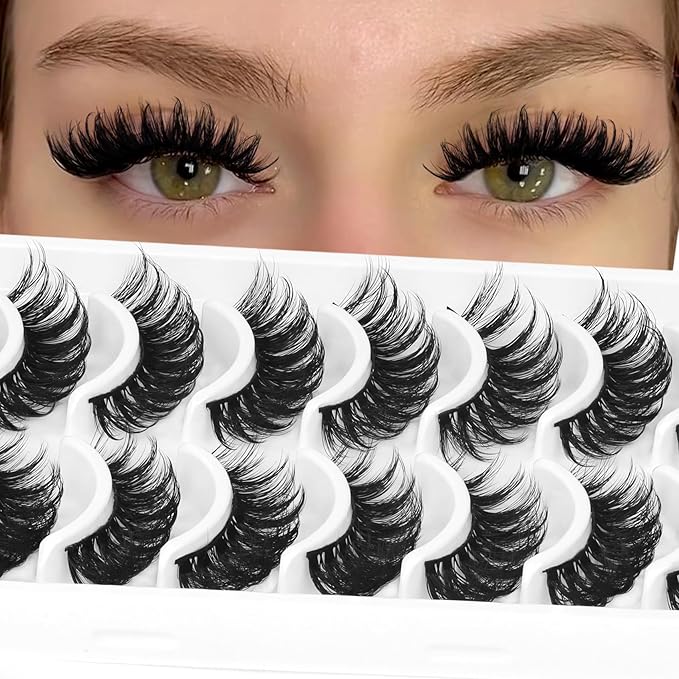 Ahrikiss Faux Mink Lashes Fluffy Russian Eyelashes 6D Volume False Eye Lashes that Look Like Extensions Thick Soft D Curl Fake Strip Lashes 10 Paris Pack(R3)