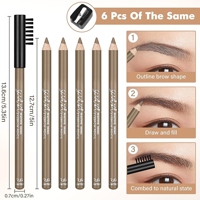 6Pcs Eyebrow pencil wooden,Brow Kit with Brush and Sharpener,Eyebrow Pencils for Women,Fine Tip Eye Brow Eye Liner for Eye Makeup,Shapes, Defines, Fills Brows (Medium Brown-01)